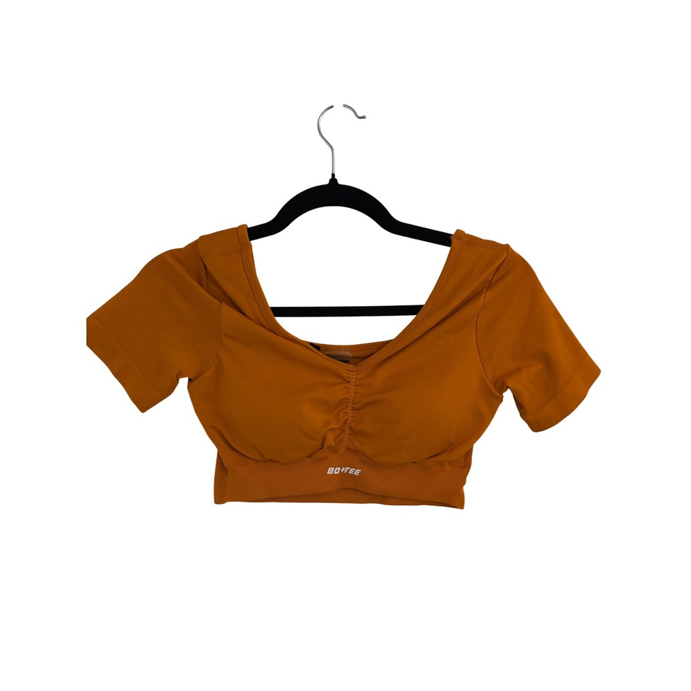 Bo+Tee Womens Ruched Short Sleeve Crop Top Burnt Orange Rust Seamless Small